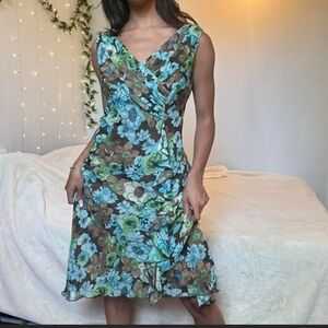 Floral V-Neck Dress - Blue and Brown